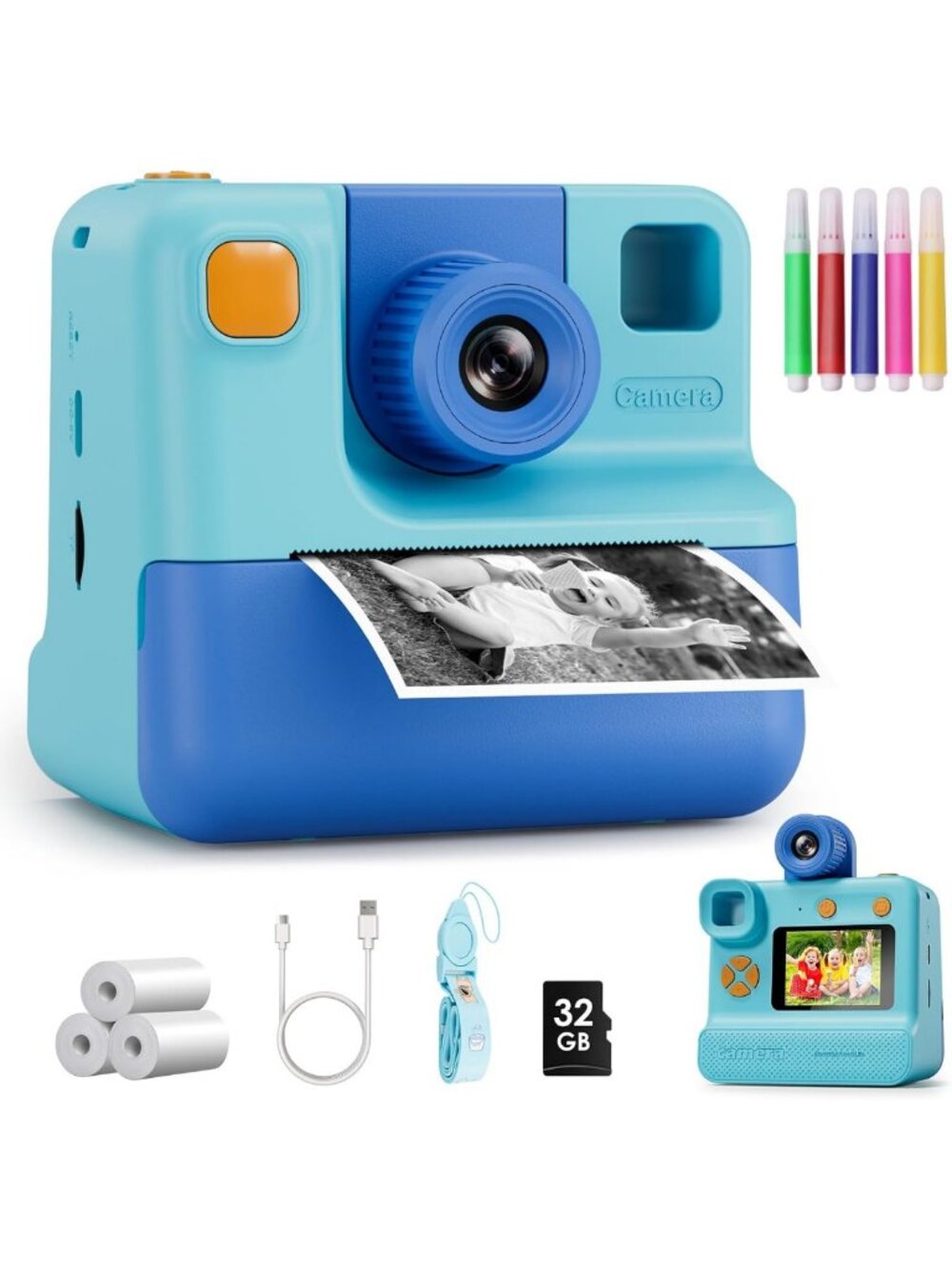 Kids Instant Print Camera for Ages 3-12 - FHD Selfie, Video, 3 Rolls Paper & 32G
